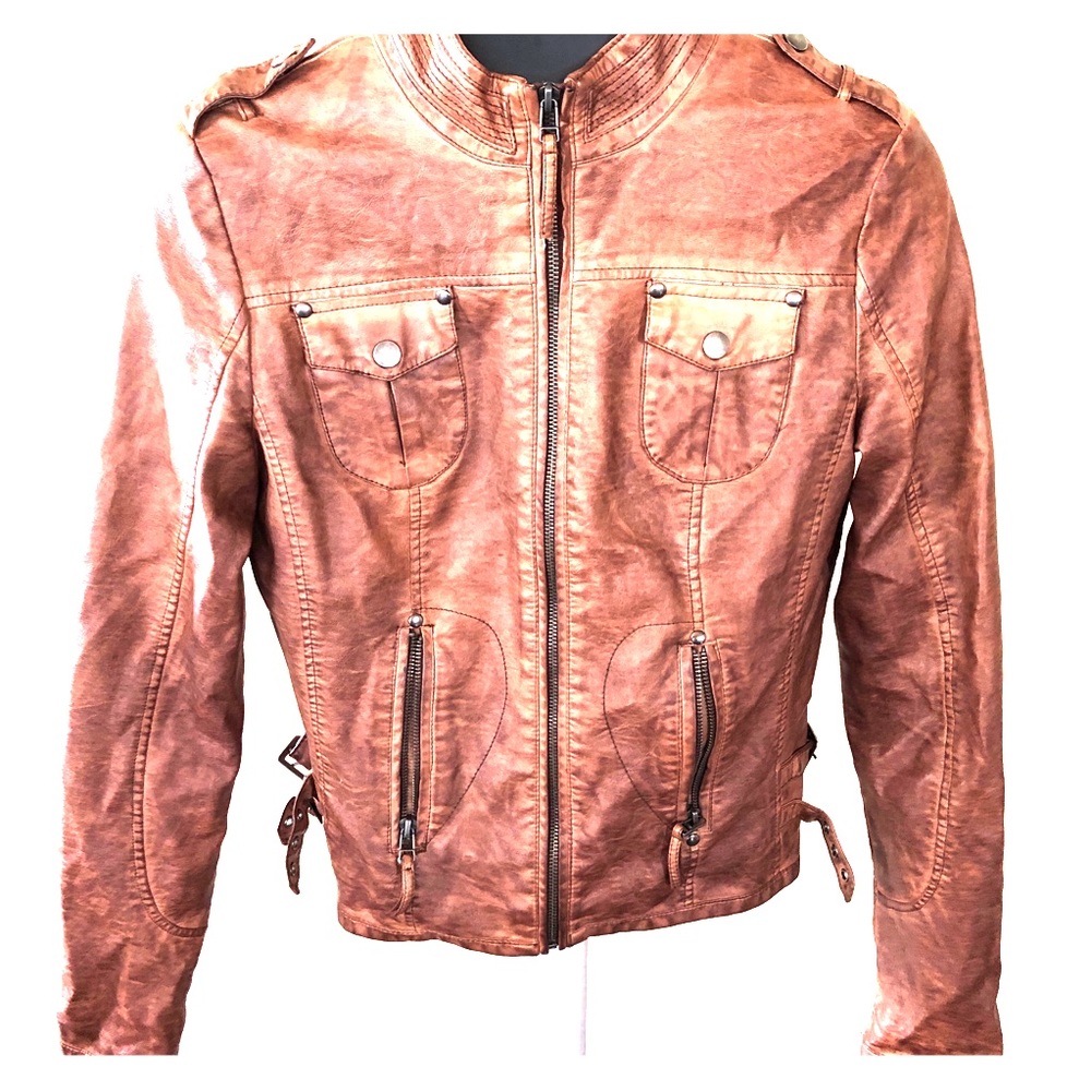 Brown Faux Leather Biker Jacket